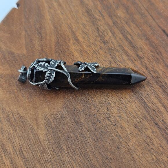 Silver Tone Wrapped Tiger Eye Brown Obelisk Pendant Fairy Renaissance Cosplay - Picture 3 of 4